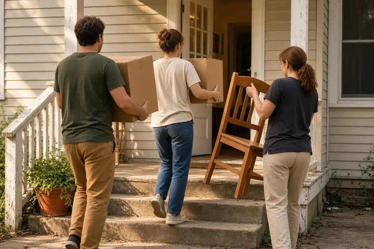 Friends helping carry boxes on moving day, picturing God answering prayer through people