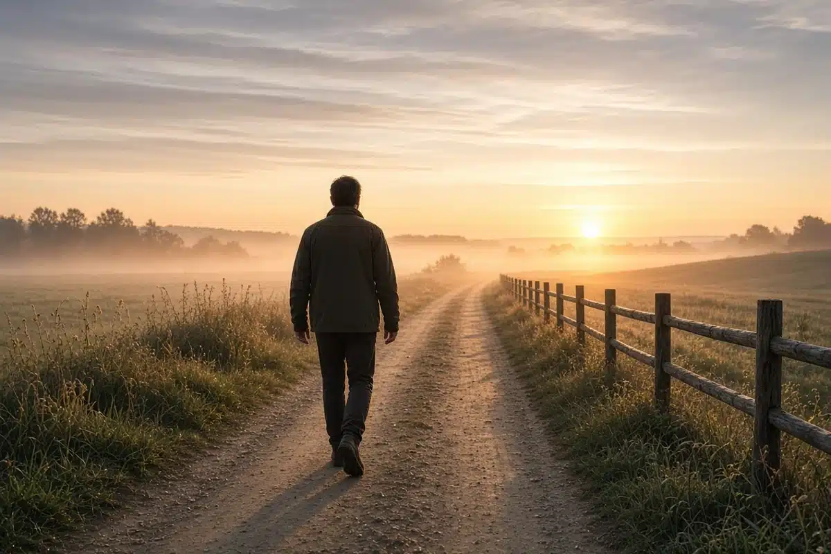 A person walking toward the sunrise, picturing assurance of eternal life
