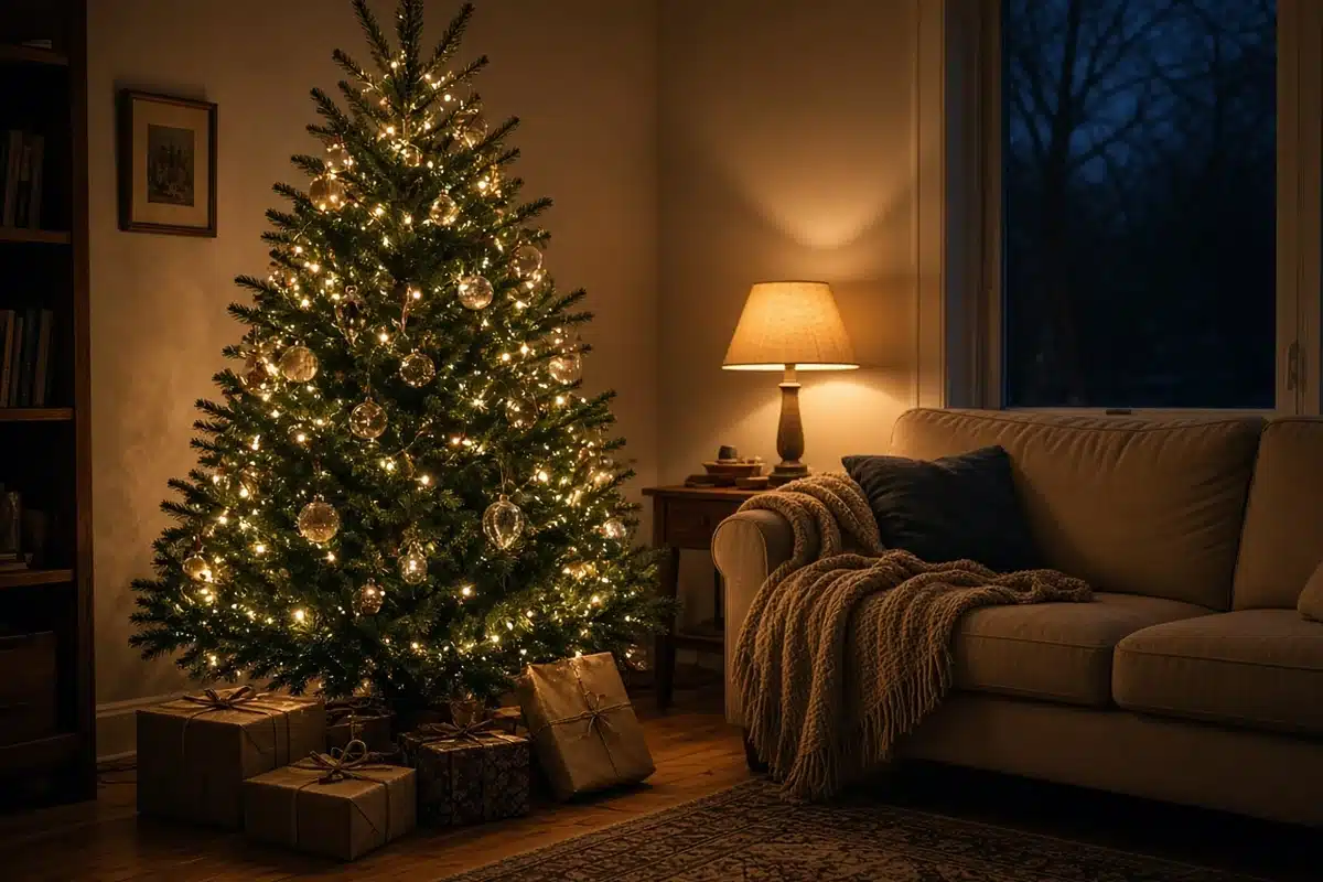 A lit Christmas tree with gifts beneath it in a cozy family living room in the evening