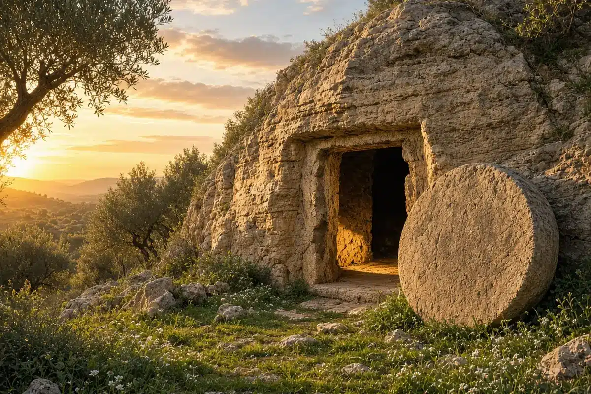 An empty tomb at sunrise, picturing the Christus Victor view of the atonement