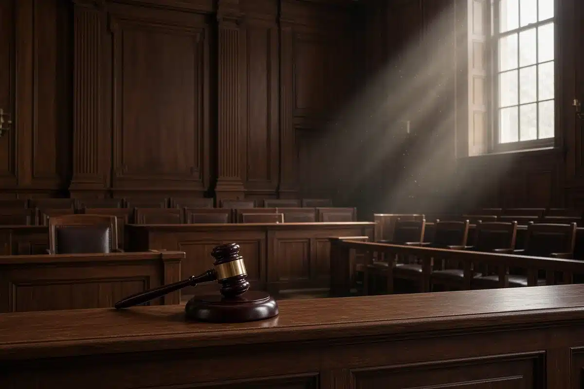 A judge's gavel in an empty courtroom, picturing the penal substitution theory of the atonement