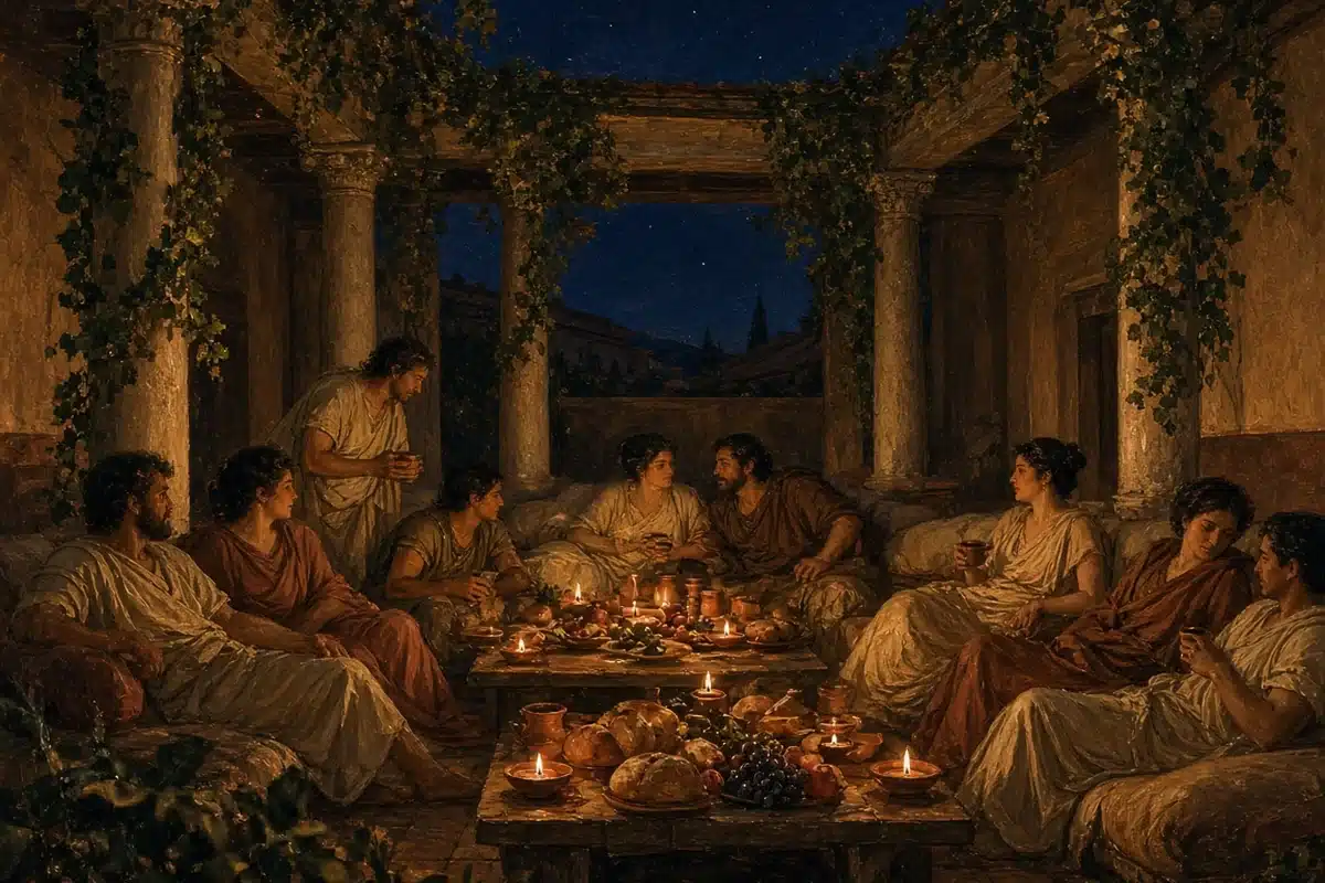 Painting of Romans feasting by oil-lamp light under evergreen garlands at a midwinter festival