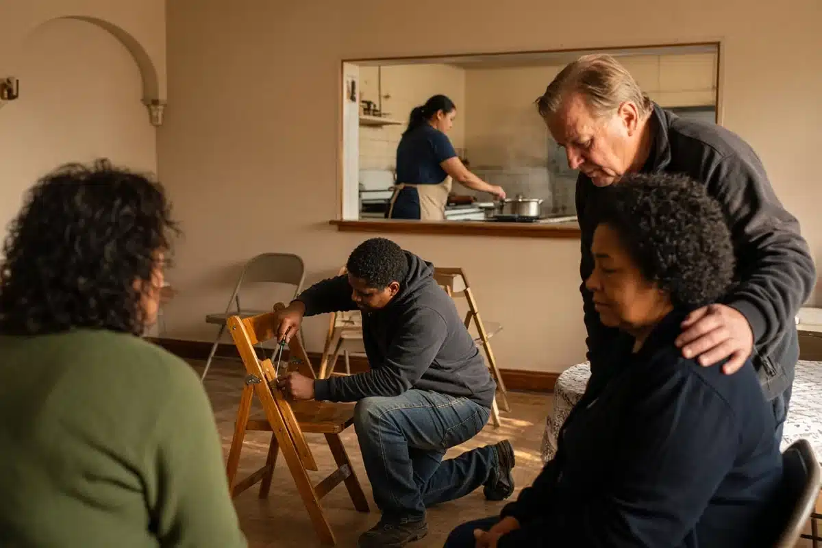 A small church group serving in different ways, picturing spiritual gifts in the body of Christ